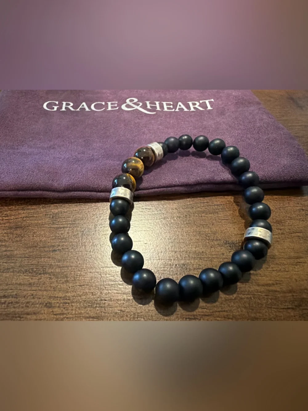 Grace & Heart Black Matte Bead Bracelet with Tiger Eye Accents
